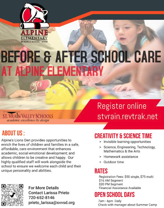 Promotional image for Alpine Elementary's before and after school care program, detailing activities, registration, and rates.
